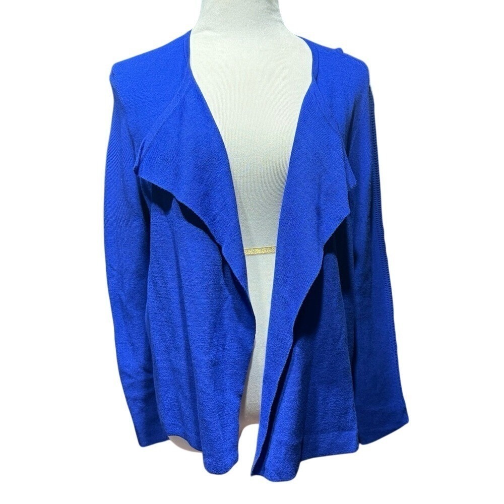 Chico's Cardigan Womens 2 Blue Pointelle Knit Rayon Blend Long Sleeve Open Front